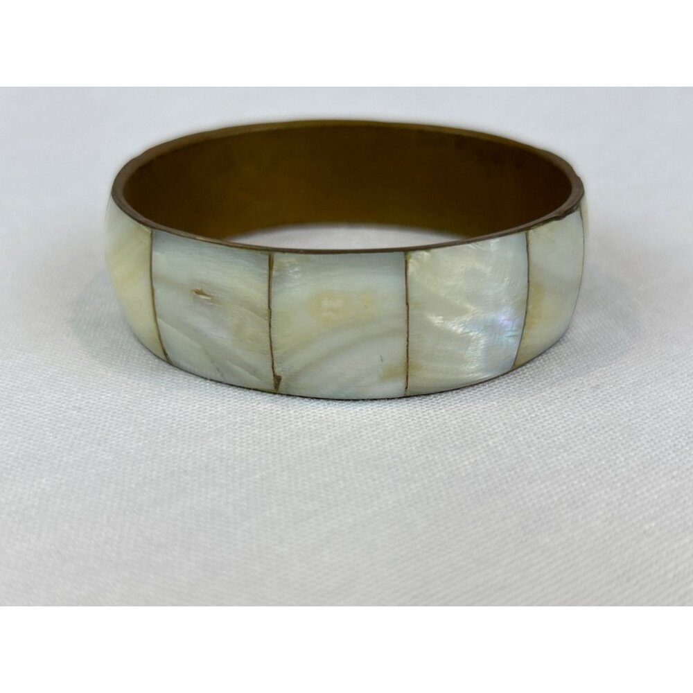 Vintage Brass Mother Of Pearl Bangle Bracelet 70s 80s Cream - Picture 4 of 7